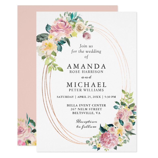 Modern Oval Frame Pastel Blush Floral Wedding Invitation