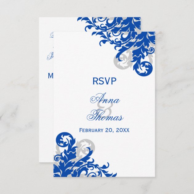 Royal Blue And Silver Flourish Wedding RSVP