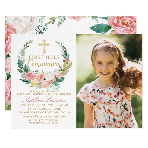 Pink Floral Wreath First Holy Communion Photo Invitation