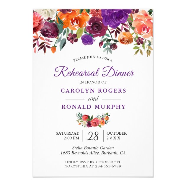 Purple Burgundy Orange Floral Rehearsal Dinner Invitation