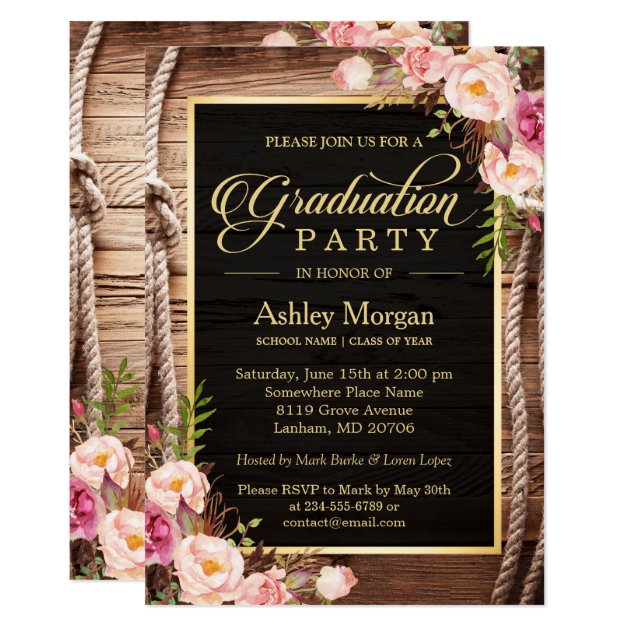2018 Graduation Party Floral Rustic Country Wooden Invitation