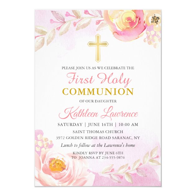 Watercolor Pink Rose Garden First Holy Communion Invitation