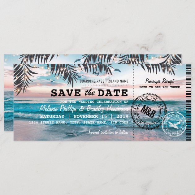 Save The Date Tropical Beach Lights Boarding Pass