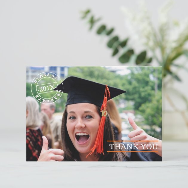 Modern Stamp Photo Graduation Thank You | Orange