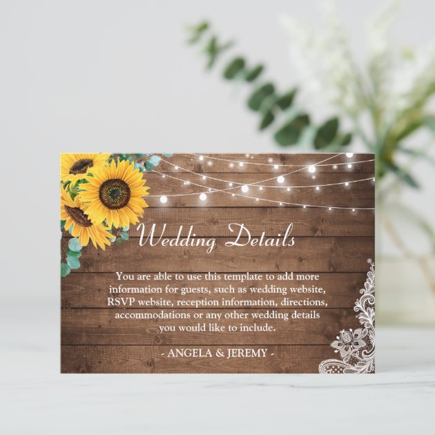 Rustic String Lights Sunflowers Wedding Details Enclosure Card
