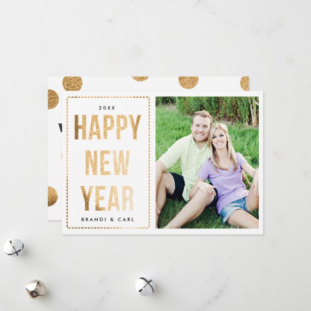 Faux Gold Glitter And White New Year Photo Card