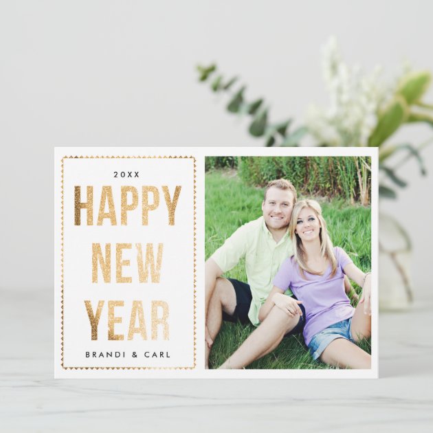 Faux Gold Glitter And White New Year Photo Card