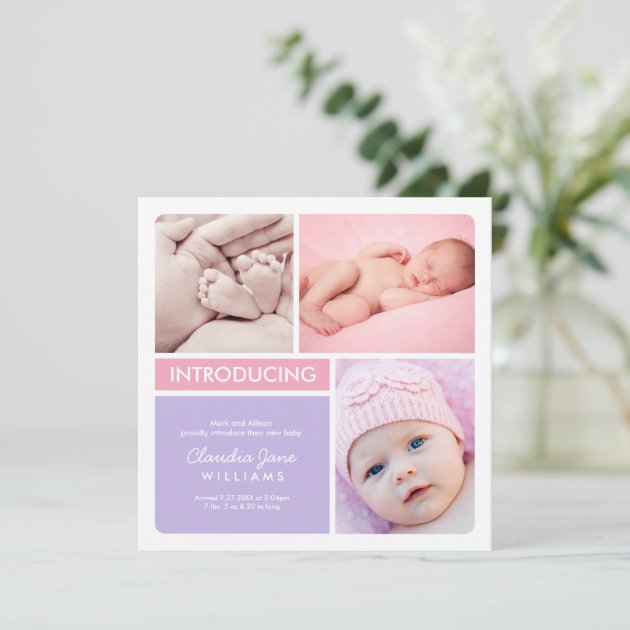 Multi-Photo Birth Announcement Card | Pink Purple