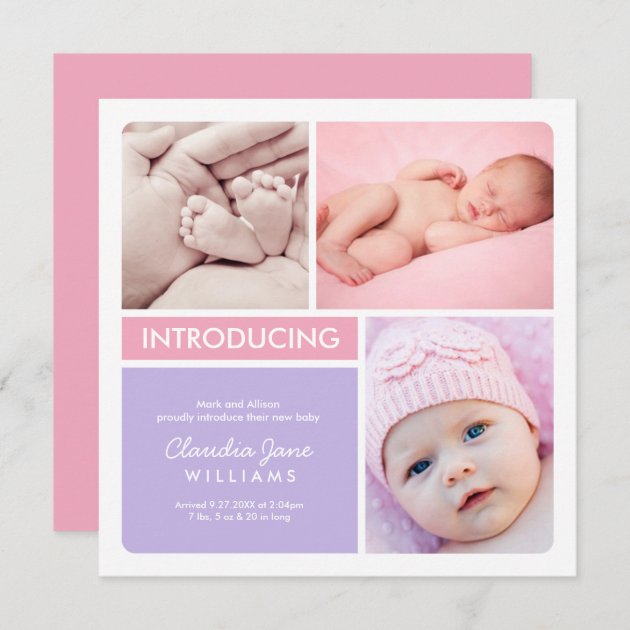 Multi-Photo Birth Announcement Card | Pink Purple