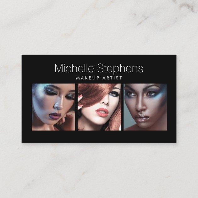 Modern Photo Trio for Makeup Artists Black Business Card (front side)