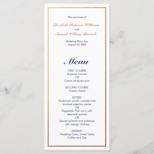 Elegant Classic Navy Faux Copper Wedding Menu