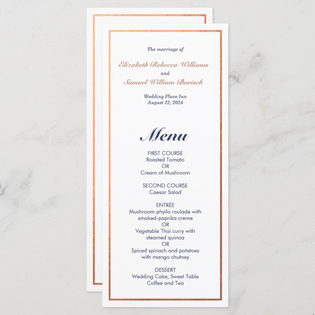 Elegant Classic Navy Faux Copper Wedding Menu