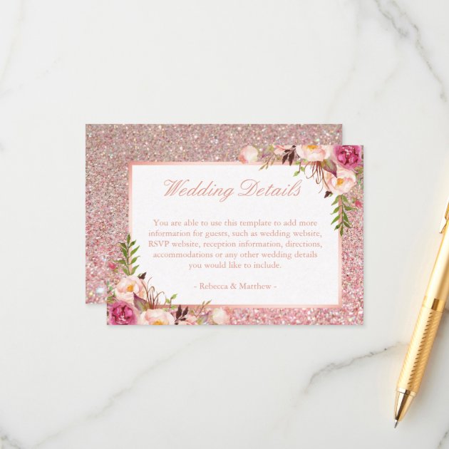 Pink Floral Rose Gold Glitter Wedding Details Info Enclosure Card