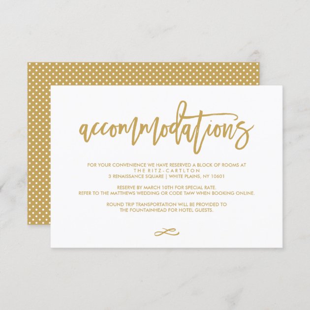 Chic Hand Lettered Gold Wedding Accommodations Enclosure Card