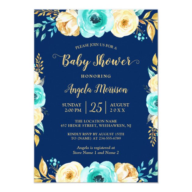 Baby Shower Romantic Navy Blue Teal Gold Floral Invitation