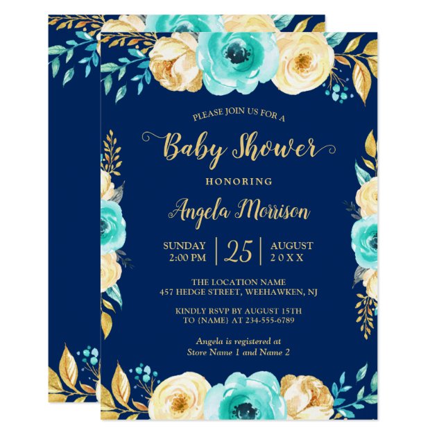 Baby Shower Romantic Navy Blue Teal Gold Floral Invitation