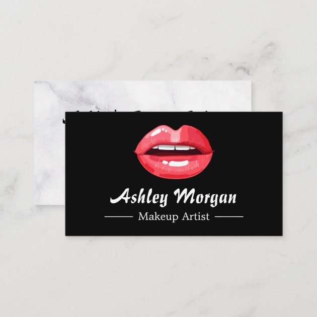 Makeup Artist Trendy Red Lips & Modern Marble Look Business Card (back side)