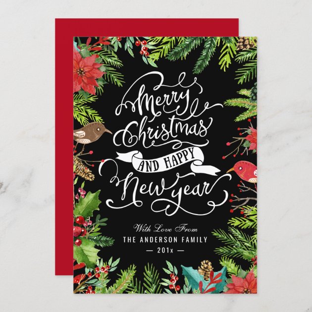 Holly Berries And Pines | Merry Christmas New Year Holiday Invitation