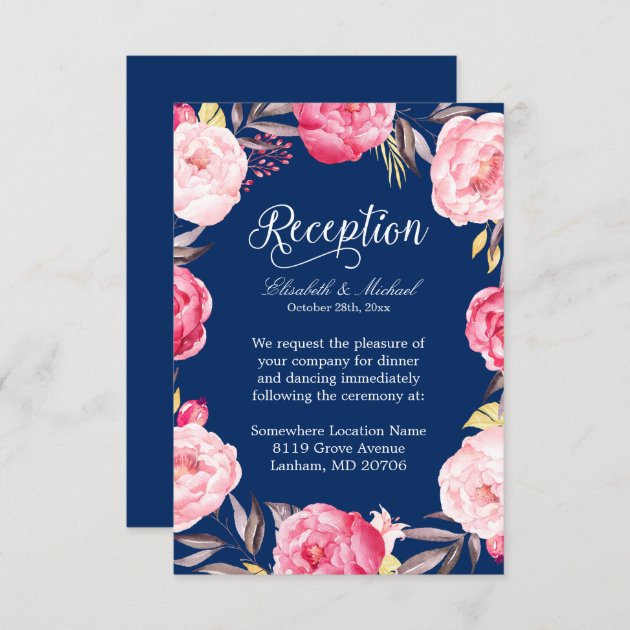 Wedding Reception Pink Floral Wreath Navy Blue Enclosure Card