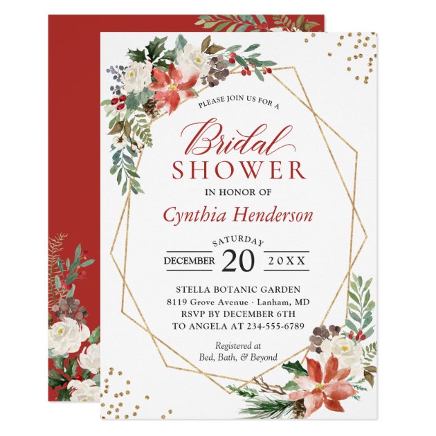 Red Poinsettia Floral Christmas Bridal Shower Invitation