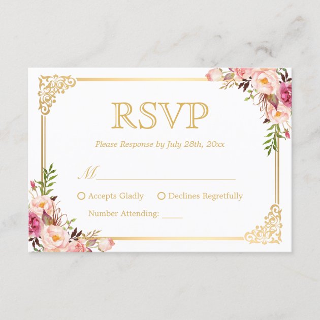 Vintage Gold Frame Pink Floral Wedding RSVP Reply