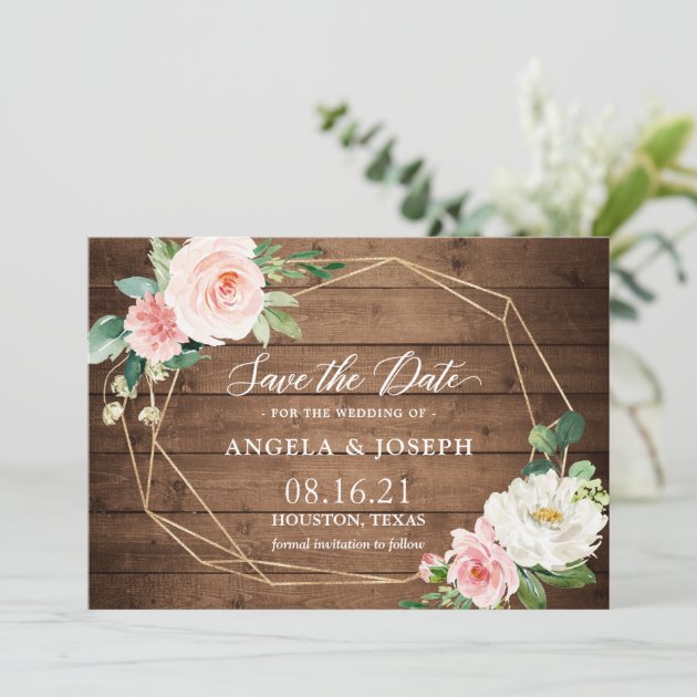 Geometric Blush Pink Floral Rustic Wood Wedding Save The Date