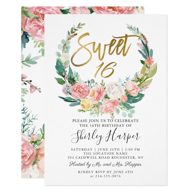 Pink Floral Greenery Wreath Gold Script Sweet 16 Invitation