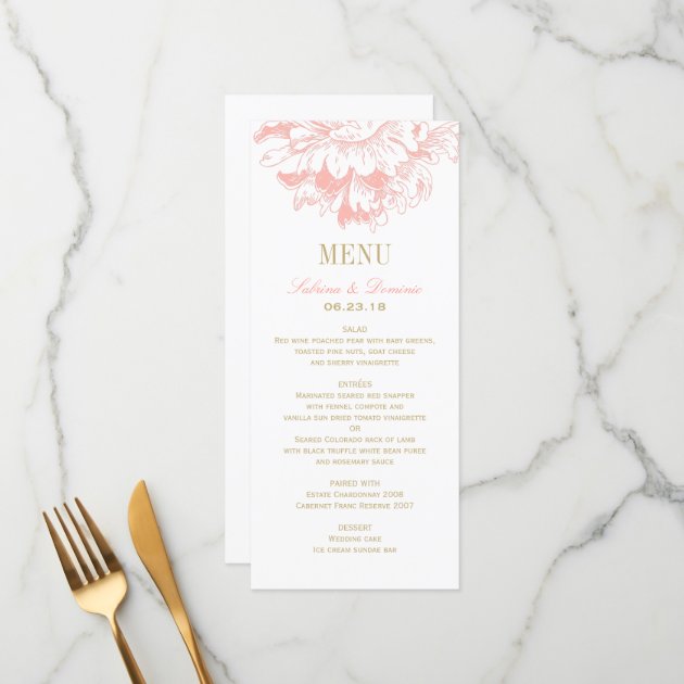 Wedding Dinner Menu Cards | Coral Floral Peony