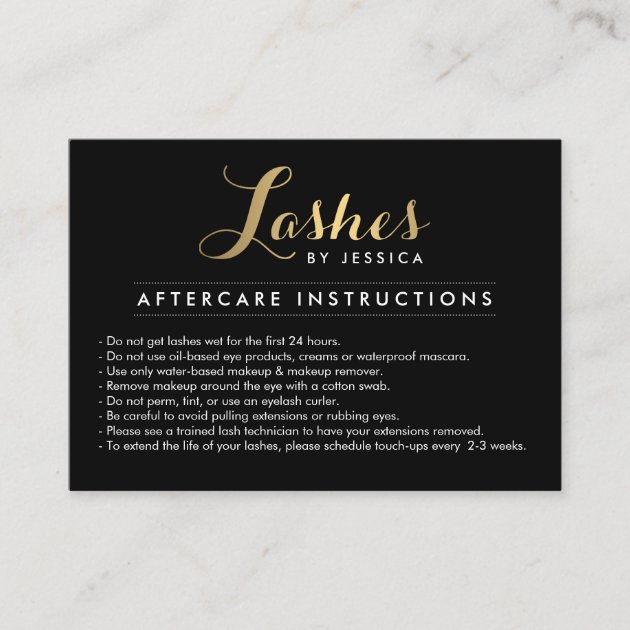 Glam Lashes Script Text Gold/Black Aftercare Card (front side)
