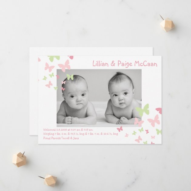 5x7 Girl Twins Butterfly Photo Birth Announcement