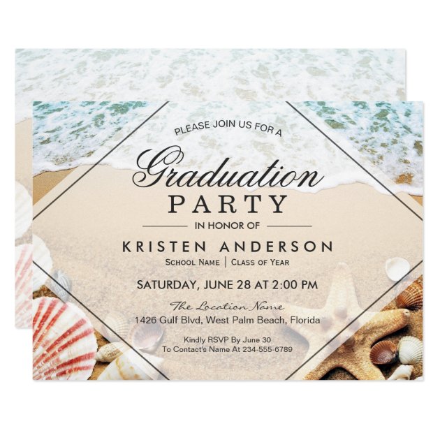Sandy Beach Starfish Seashell Graduation Party Invitation