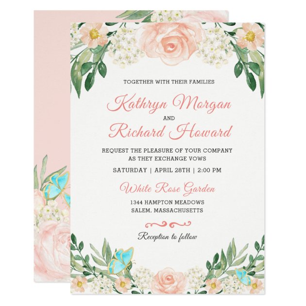 Spring Blush Peach Rose Garden Watercolor Wedding Card