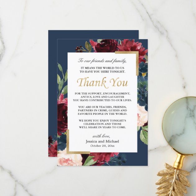 Burgundy Floral Navy Blue Wedding Place Setting Thank You Card