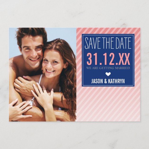 PHOTO SAVE THE DATE ombre angled stripe navy coral