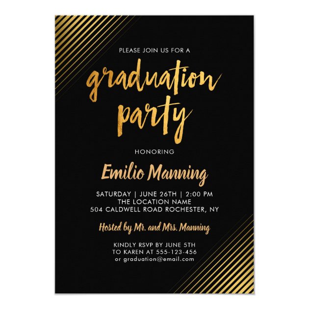 Modern Black & Gold Script Photo Graduation Party Card