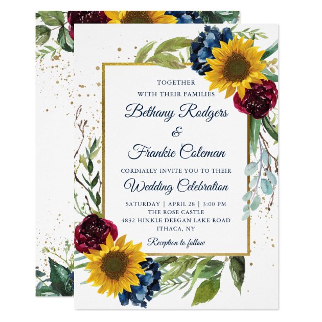 Greenery Sunflower Floral Gold Glitter Wedding Invitation