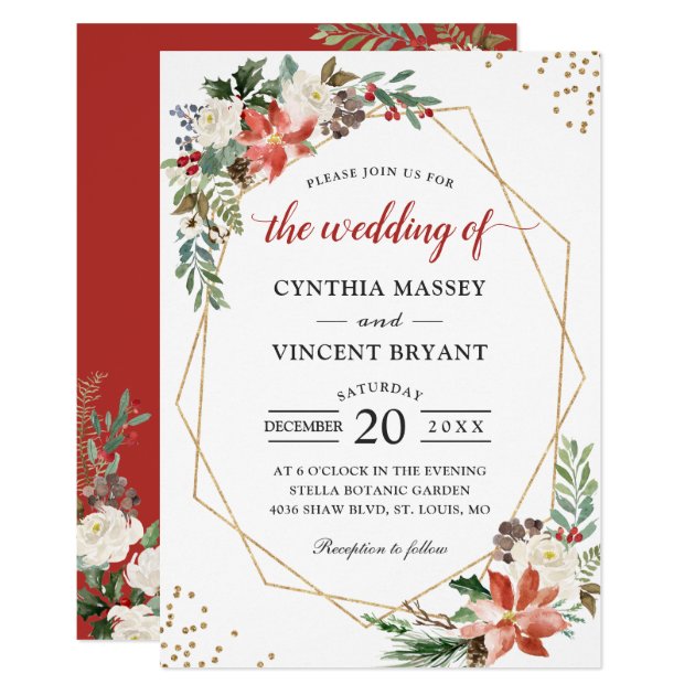 Poinsettia Floral Gold Geometric Christmas Wedding Invitation