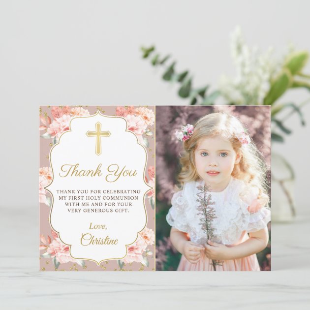 Gold Pastel Rosy Floral Communion Thank you Card