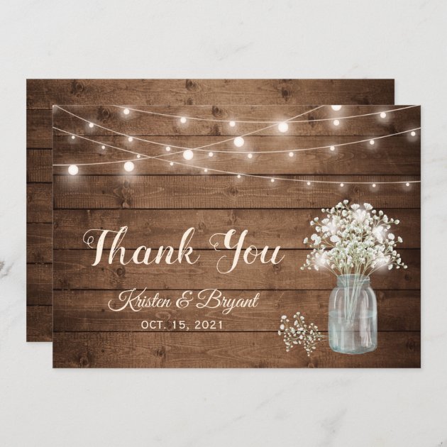 Baby's Breath Mason Jar String Lights Wedding Thank You Card