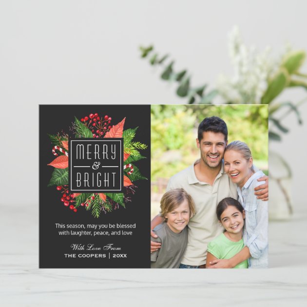 Christmas Merry And Bright Floral Family Photo Holiday Card