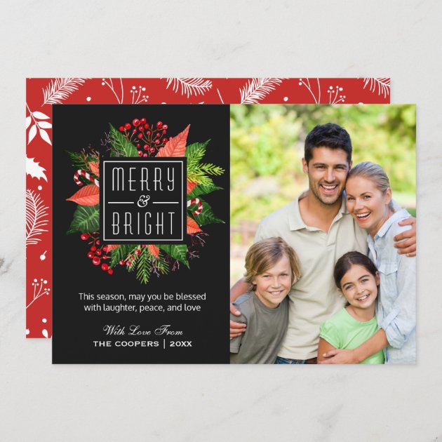 Christmas Merry And Bright Floral Family Photo Holiday Card