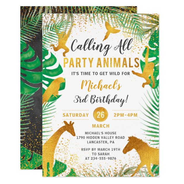 Gold Jungle Animals Safari Boys Birthday Invitation