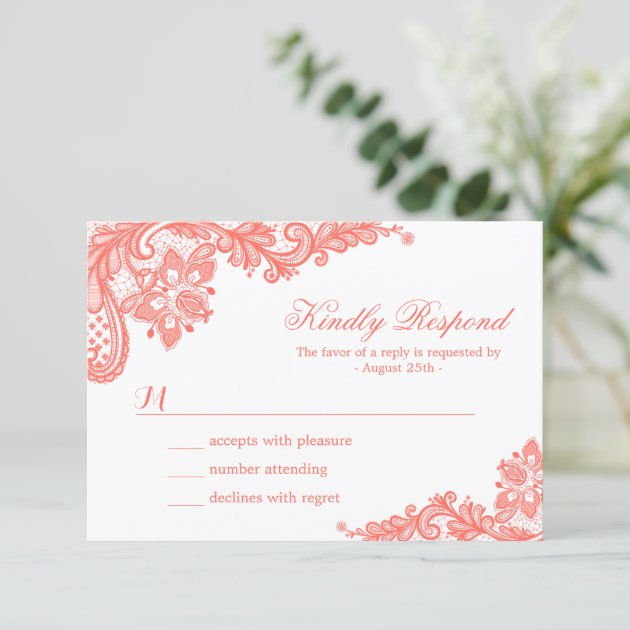 Elegant Coral Lace Wedding RSVP Card