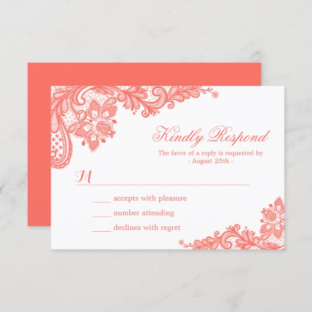 Elegant Coral Lace Wedding RSVP Card