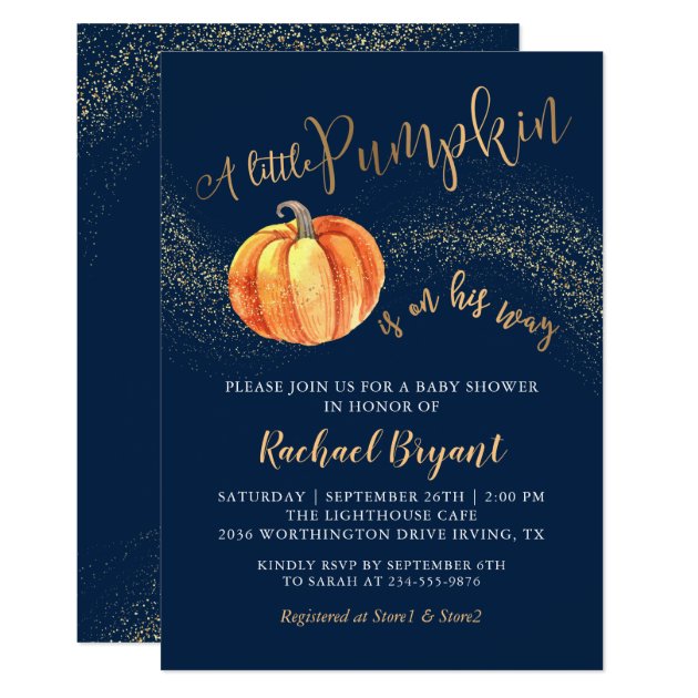 Gold Glitter Pumpkin Navy Blue Boy Baby Shower Invitation
