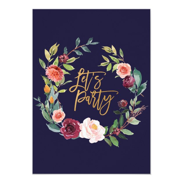 Autumn Floral With Wreath Backing Let's Party Invitation