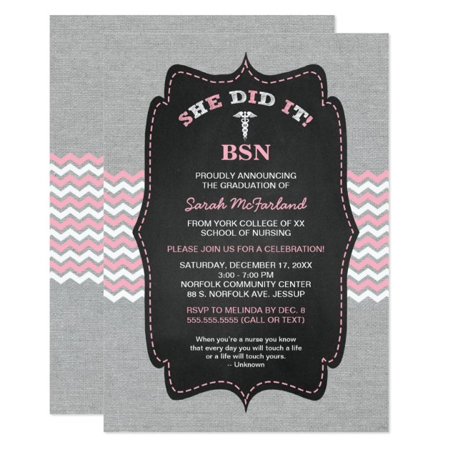 BSN Nurse Graduation Invites, PINK Gray Chalkboard Invitation