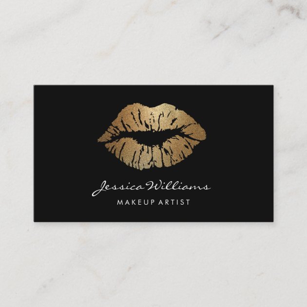 Makeup Artist Gold Lips Black Business Card
