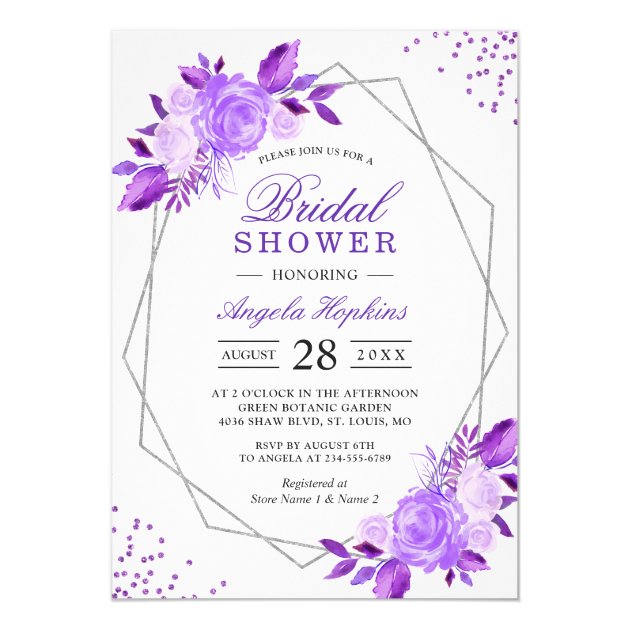 Elegant Purple Floral Silver Frame Bridal Shower Invitation