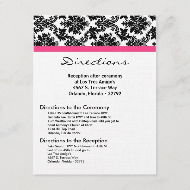 4x5 Directions Card Black Damask Hot Pink Receptio